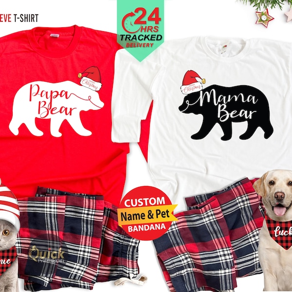 Personalised Matching Family Christmas Pyjamas, Christmas Long Sleeve Bear Family Tshirt, Dad and Son Matching Tshirt, Dad Mum Xmas Gifts