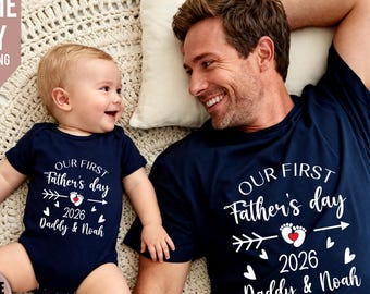 Personalized First Father's Day Matching Shirt & Baby Bodysuit Set, Fathers day Family Tee, Personalised Mom Gift with Kids 2026
