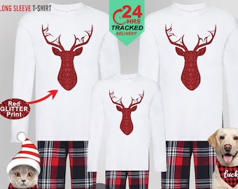 Matching Christmas Family Pyjamas, Christmas Reindeer Long Sleeve Tshirt Men Women, Christmas Couple Pajamas, Xmas Dog Cat Bandana GIft UK