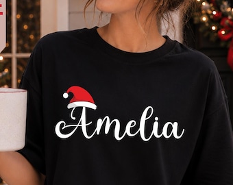 Personalized Christmas Hat T-shirt, Unisex Christmas Shirt, Monogrammed Family Christmas T-Shirt, Custom Family Christmas Name Shirt T