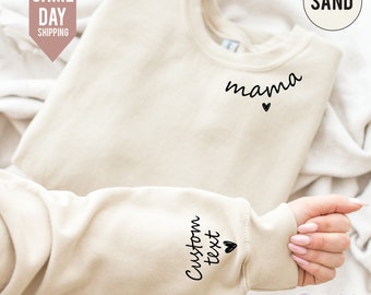 Personalized Mum Sweatshirt, Custom Mama Sweatshirt with Kid Name on Sleeve, Mom Jumper, Minimalist Mummy jumper, Christmas Gift for Mum,