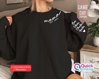 Custom Mama Sweatshirt with Name on Sleeve, Personalized Mom Sweatshirt, , Mummy Top 2025, Minimalist Momma Sweater,Mothers Day Gift for Mom
