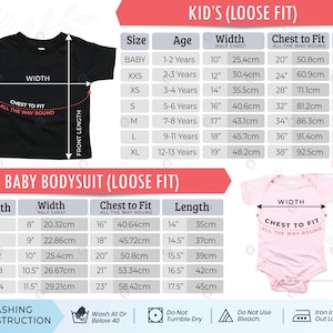 May include: A sizing chart for a black t-shirt and a light pink baby bodysuit, featuring two tables with columns for size, age, width, chest to fit, and length in inches and centimeters, plus washing instructions with icons at the bottom.