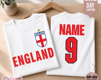 Personalized England Football T-Shirt: Personalised England Football Shirt, Custom Name & Number, England Name And Number 2026 T Shirt Men's