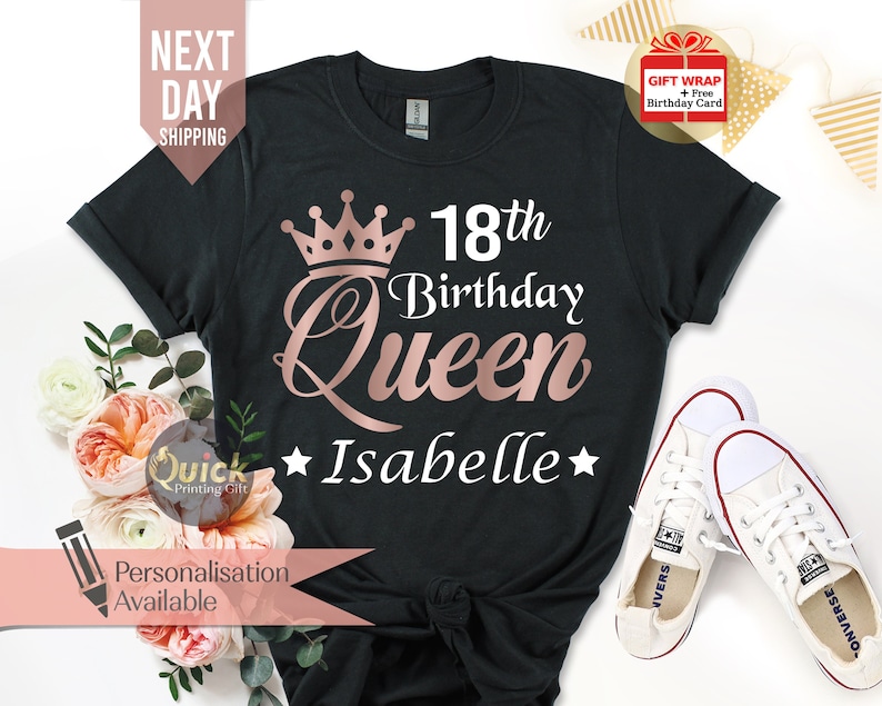 Personalised Name 18th Birthday Tshirt, Birthday Party TShirts for Ladies Girls, 18th Birthday Gift for Her, Daughter birthday Party shirts Black