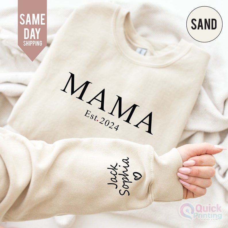 Custom Mama Sweatshirt with Name on Sleeve, Mothers Day Jumper, Personalized mama jumper, Minimalist mammy jumper, Christmas Gift for Mama image 1