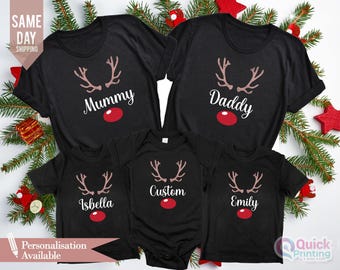 Christmas Reindeer Name Family Matching T-shirt,Personalized Reindeer Family Shirts, Reindeer Add Any Name Including Pet Cat Dog Bandana Tee
