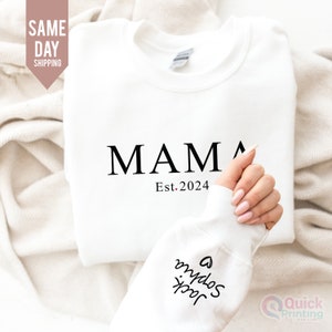 Custom Mama Sweatshirt with Name on Sleeve, Mothers Day Jumper, Personalized mama jumper, Minimalist mammy jumper, Christmas Gift for Mama image 3