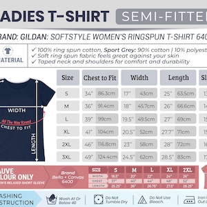 May include: Navy blue semi-fitted ladies t-shirt with size and measurement details. The shirt is made of 100% ring spun cotton and has a taped neck and shoulders. Measurements include chest to fit, width, length, and sleeve dimensions in inches and centimeters.