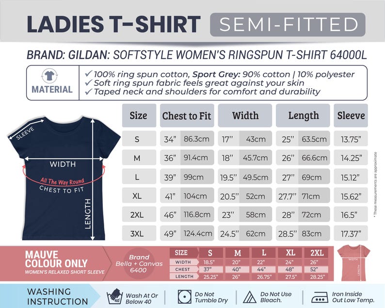 May include: Navy blue semi-fitted ladies t-shirt with size and measurement details. The shirt is made of 100% ring spun cotton and has a taped neck and shoulders. Measurements include chest to fit, width, length, and sleeve dimensions in inches and centimeters.