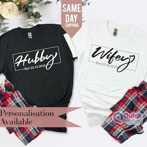 Custom Hubby & Wifey Valentine Pareja Camisa Pijamas, Sr. y Sra. Pijamas a juego Set Regalo de boda novio novia Pareja camisa a juego