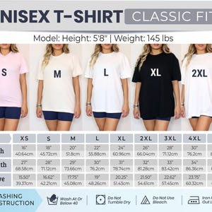 May include: A display of unisex classic fit t-shirts in various sizes and colors, including pink, cream, white, black, and white. The image includes size charts with measurements in inches and centimeters, and washing instructions.