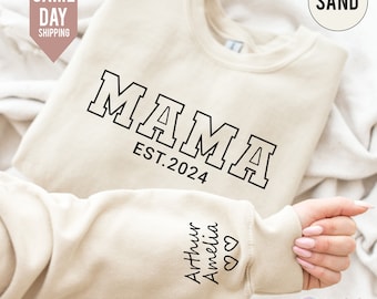 Custom MAMA Sweatshirt, Gift for Mum, Mothers Day Sweatshirt, Custom Mama Sweatshirt with Name on Sleeve, Personalised Gift 2024, Mom Tee