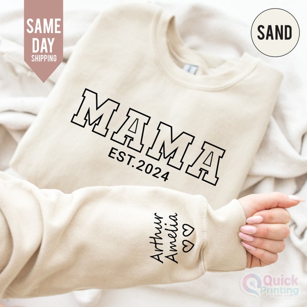 Custom MAMA Sweatshirt, Gift for Mum, Mothers Day Sweatshirt, Custom Mama Sweatshirt with Name on Sleeve, Personalised Gift 2024, Mom Tee