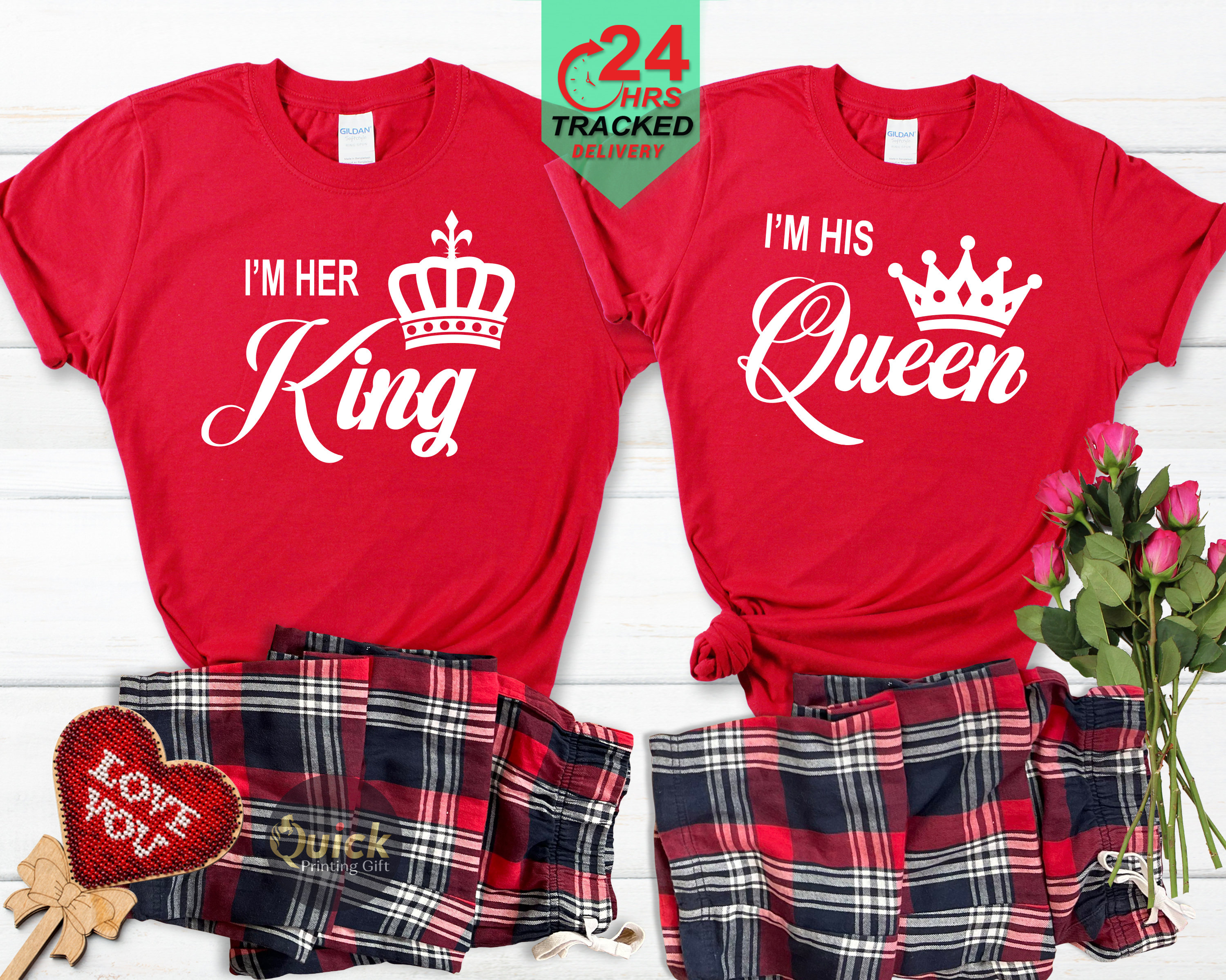 Matching His and Hers King Queen Tartan Pyjamas White Tops Couple Valentines Gifts Boyfriend Girlfriend Couple Matching Christmas Pajamas Etsy Canada