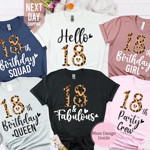 Puede incluir: Conjunto de seis camisetas para el 18 cumpleaños con números de estampado de leopardo y diferentes lemas. Las camisetas son de varios colores, incluyendo azul marino, blanco, rosa, gris y negro.