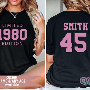 Camiseta personalizada com a idade, camiseta edição limitada de 1980, camiseta rosa de 1980, camiseta personalizada de aniversário de 40 anos, camiseta vintage de aniversário de 1985, camiseta feminina