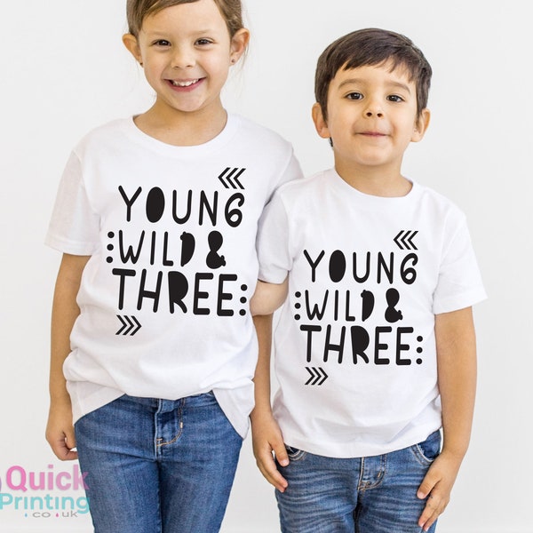 Young wild three Birthday T-shirt 3rd birthday boys girls, Kids Personalised Birthday Tshirt, Any Name Age Birthday Shirt, Birthday Outfit