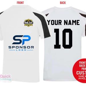 May include: A white short-sleeved sports jersey with black shoulder accents. The front features a yellow shield logo with text YOUR TEXT and a blue SP SPONSOR LOGO. The back displays the text YOUR NAME above the large black number 10.