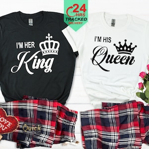Pijamas a cuadros King Queen a juego para él y para ella, camisetas blancas para parejas, regalos de San Valentín, pijamas navideños a juego para novios y novias.
