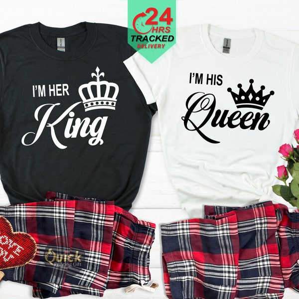 Matching His and Hers King Queen Tartan Pyjamas, White Tops Couple Valentines Gifts, Boyfriend girlfriend Couple matching Christmas pajamas