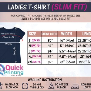 May include: A size chart for a women's t-shirt with a slim fit. The chart shows the chest to fit, width, and length in inches and centimeters for sizes S to 2XL. The chart also includes washing instructions.