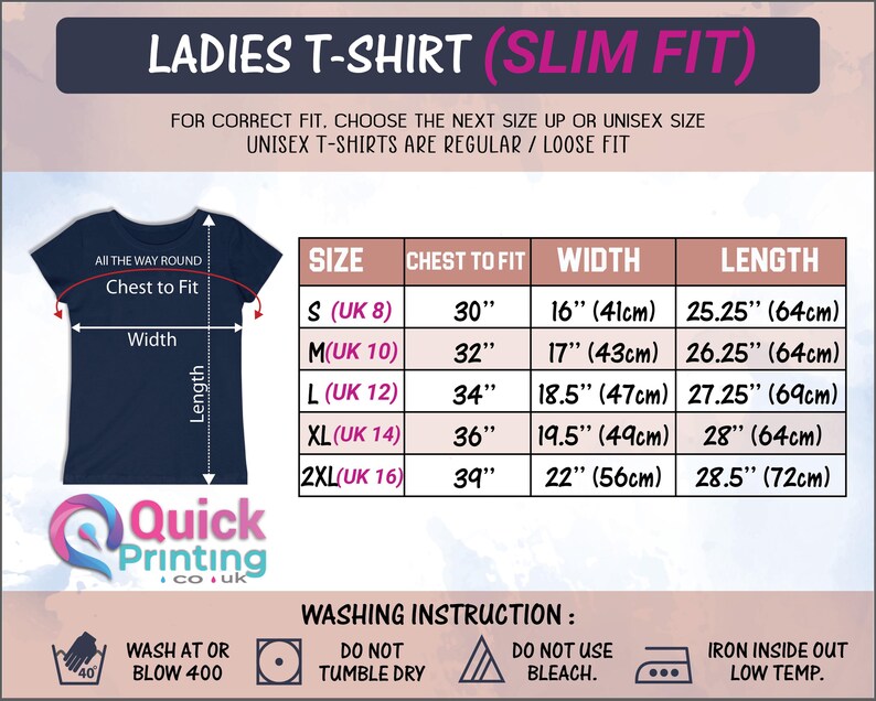 May include: A size chart for a women's t-shirt with a slim fit. The chart shows the chest to fit, width, and length in inches and centimeters for sizes S to 2XL. The chart also includes washing instructions.