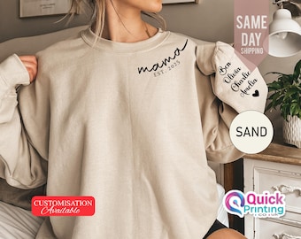 Custom Mama Sweatshirt with Name on Sleeve, Personalized Mom Sweatshirt, , Mummy Top 2025, Minimalist Momma Sweater,Mothers Day Gift for Mom