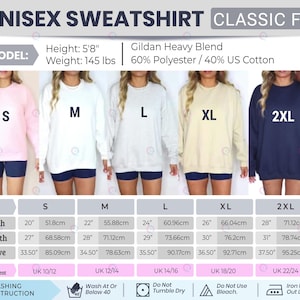 Puede incluir: Una sudadera unisex de corte cl&aacute;sico, disponible en tallas de la S a la 2XL. La imagen muestra la sudadera en varios colores: rosa, blanco, gris claro, beige y azul marino. La altura es de 173 cm y el peso es de 65 kg. La tela es Gildan Heavy Blend, 60% poli&eacute;ster y 40% algod&oacute;n estadounidense.