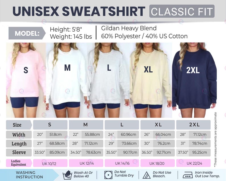 Puede incluir: Una sudadera unisex de corte cl&aacute;sico, disponible en tallas de la S a la 2XL. La imagen muestra la sudadera en varios colores: rosa, blanco, gris claro, beige y azul marino. La altura es de 173 cm y el peso es de 65 kg. La tela es Gildan Heavy Blend, 60% poli&eacute;ster y 40% algod&oacute;n estadounidense.