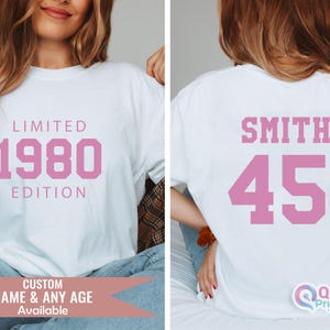 Camiseta personalizada com a idade, camiseta edição limitada de 1980, camiseta rosa de 1980, camiseta personalizada de aniversário de 40 anos, camiseta vintage de aniversário de 1985, camiseta feminina