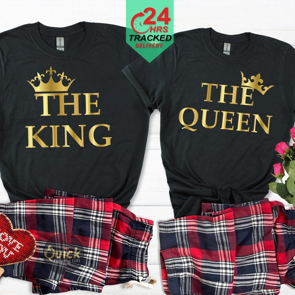 King Queen Matching His and Hers Pyjama Set with T-shirt and Bottoms, Couple Matching Gifts, Valentines Gifts, Christmas Gift for Newlyweds