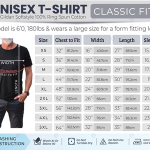 May include: A black t-shirt size chart featuring a Gildan Softstyle 100% ring spun cotton unisex t-shirt. The graphic displays a model wearing the shirt with labeled width, length, and chest to fit measurements in inches, alongside a detailed table.