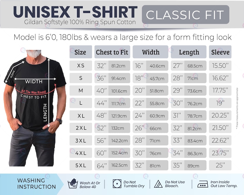 May include: A black t-shirt size chart featuring a Gildan Softstyle 100% ring spun cotton unisex t-shirt. The graphic displays a model wearing the shirt with labeled width, length, and chest to fit measurements in inches, alongside a detailed table.