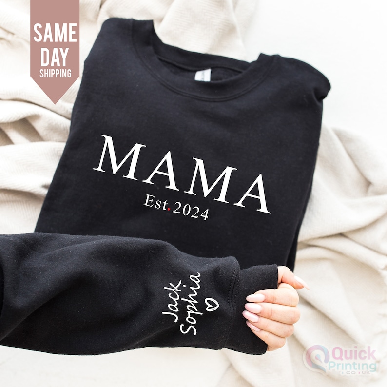 Custom Mama Sweatshirt with Name on Sleeve, Mothers Day Jumper, Personalized mama jumper, Minimalist mammy jumper, Christmas Gift for Mama image 4