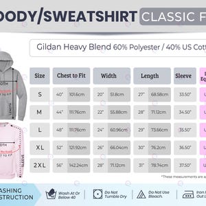 May include: A size chart for a classic fit hoodie and sweatshirt, made of a blend of polyester and US cotton. The chart includes measurements for chest to fit, width, length, and sleeve in inches and centimeters, along with UK ladies' equivalent sizes.