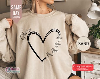 Niestandardowa bluza Nana i Mom, niestandardowy sweter Nana Heart, prezent na Dzień Matki, niestandardowa babcia z imionami, bluza Mom Heart