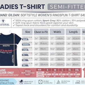 May include: A sizing chart for a Gildan Softstyle t-shirt and a Bella + Canvas 6400 t-shirt. The chart displays measurements in inches for chest, width, length, and sleeve for sizes small through 3XL, alongside washing instructions and material details.