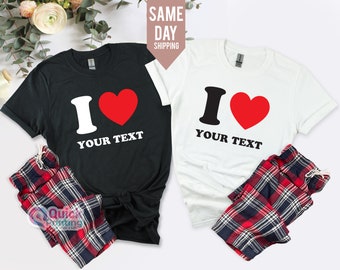 T-shirt personnalisé coeur I, t-shirt personnalisé J'aime, chemise coeur personnalisée, t-shirts surdimensionnés unisexes hommes femmes, t-shirt Saint-Valentin