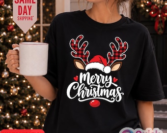 Merry Christmas  Reindeer T-shirt, Unisex Christmas Shirt, Merry Christmas Santa Hat Reindeer Shirt Cute Christmas T-shirt, Family T-shirts