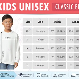 May include: A white, classic fit, unisex sweatshirt with a size chart for children. The chart includes measurements in inches and centimeters for width and length, and age ranges from 3-4 years to 12-13 years. Washing instructions are also included.