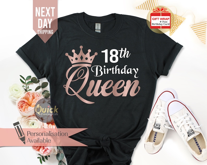 K&ouml;nnte beinhalten: Schwarzes T-Shirt mit einer ros&eacute;goldenen Krone und dem Text "18th Birthday Queen".