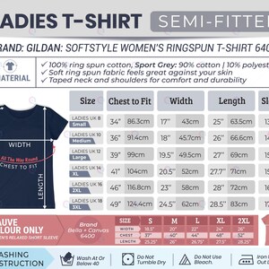 May include: A sizing chart for a Gildan Softstyle t-shirt and a Bella + Canvas 6400 t-shirt. The chart displays measurements in inches for chest, width, length, and sleeve for sizes small through 3XL, alongside washing instructions and material details.
