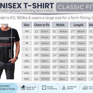 May include: A black t-shirt size chart featuring a Gildan Softstyle 100% ring spun cotton unisex t-shirt. The graphic displays a model wearing the shirt with labeled width, length, and chest to fit measurements in inches, alongside a detailed table.