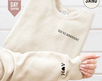 Roman Numeral Matching Sweatshirt, Custom Initials With Heart Sleeve Jumper, Custom Anniversary Date Couple Hoodies, Girlfriend Gift 2024