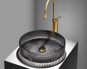 Modern Bathroom Glass Vessel Sink Black Transparent Vanity Countertop Basin in Diamond Shaped Patten Artistic Lavatory Above Counter Bowl