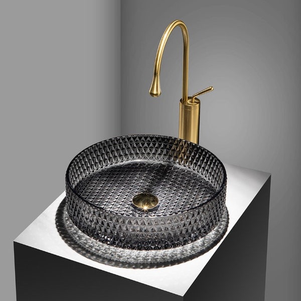 Modern Bathroom Glass Vessel Sink Black Transparent Vanity Countertop Basin in Diamond Shaped Patten Artistic Lavatory Above Counter Bowl