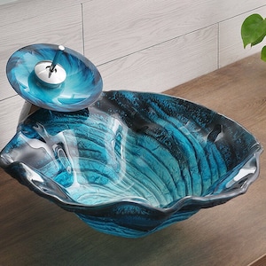 Modern Bathroom Vessel Sink Black Blue Vortex Tempered Glass Art Basin Contemporary Artistic Irregular Unique Shape Countertop Installation