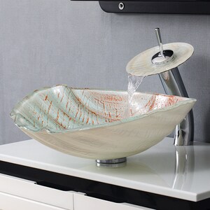 Bathroom Tempered Glass Vessel Sink in Sea Shell Shape of Ocean Beach Theme Countertop Mounted Sinks Vanity Basin Bowl White Amber image 2