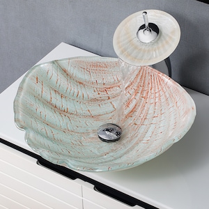 Bathroom Tempered Glass Vessel Sink in Sea Shell Shape of Ocean Beach Theme Countertop Mounted Sinks Vanity Basin Bowl White Amber image 1